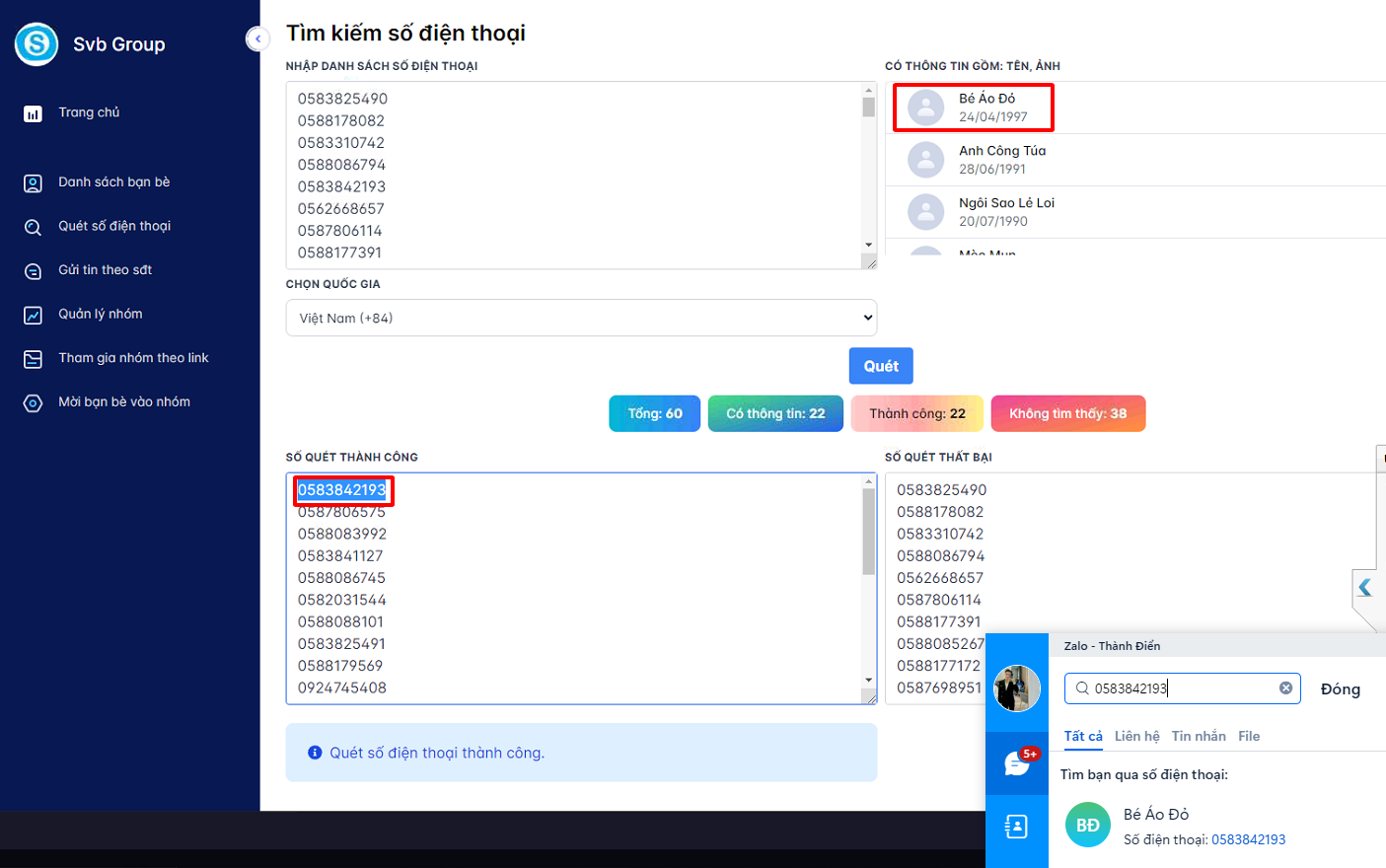 Quét Số Điện Thoại Sử Dụng Zalo